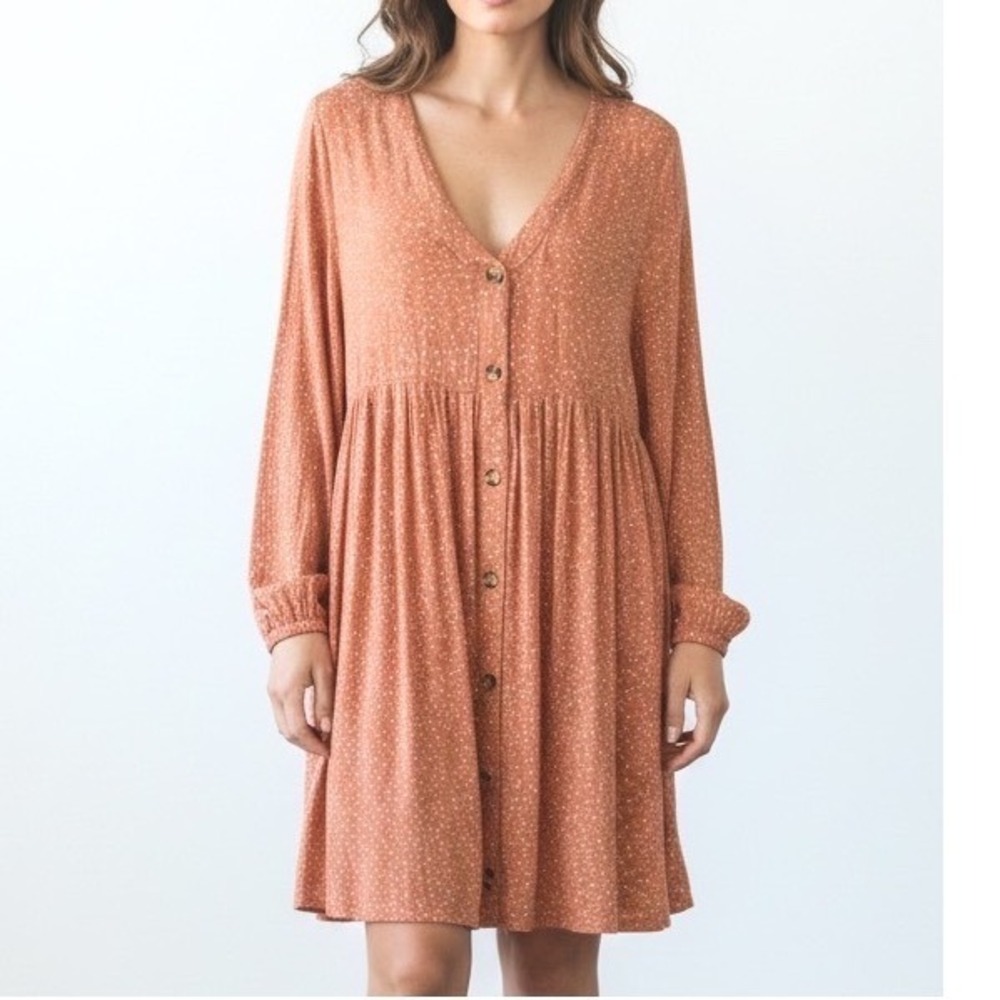 Floral Babydoll Dress Terracotta Gauze Button Front Medium Bohemian Fairy